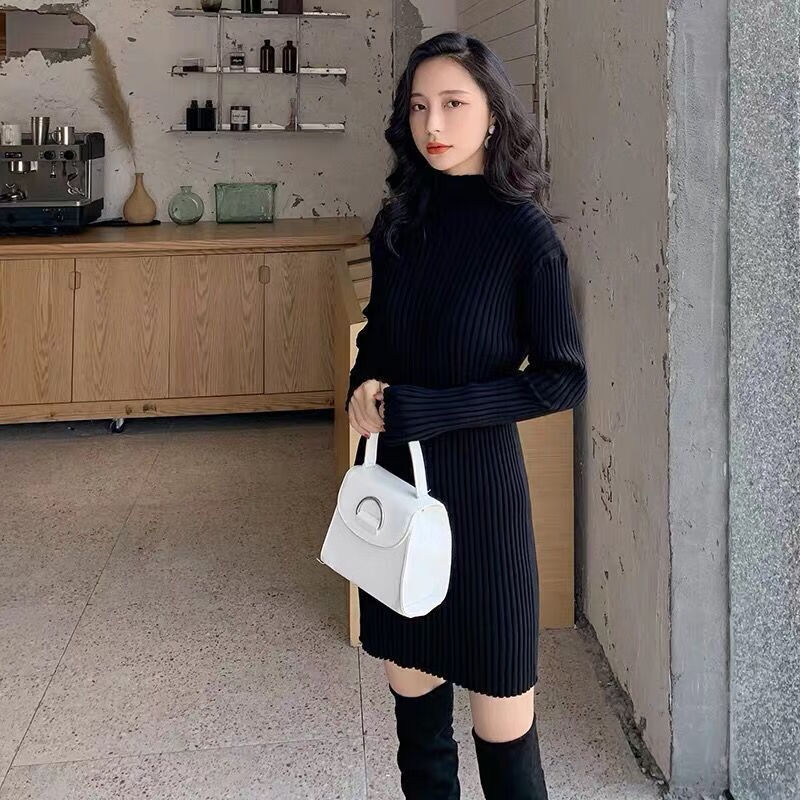 权凡针织衫连衣裙小个子中长款毛衣女2023秋冬新款半高领针织包臀内搭