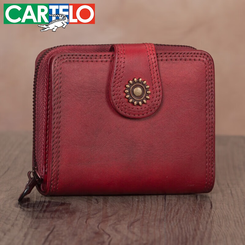 卡帝乐鳄鱼(cartelo)复古头层牛皮女士手工钱夹女皮夹真皮短款钱包女