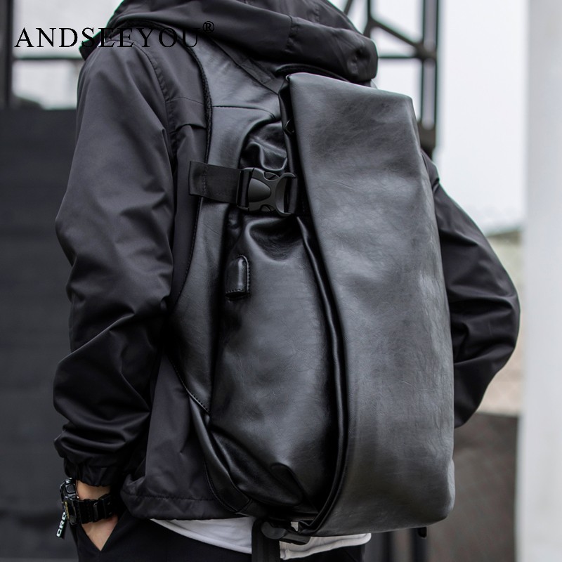 ANDSEEYOU欧美大容量皮质双肩包男时尚潮流大学生书包个性旅行电脑背包男包 黑色