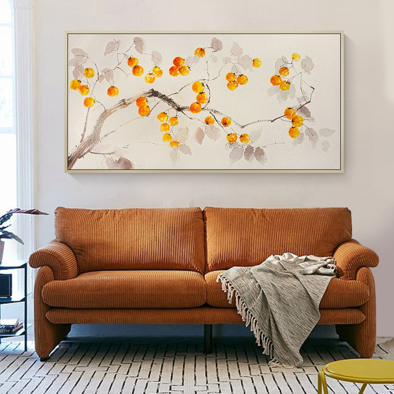美而居纯手绘油画柿子柿柿如意新中式抽象现代简约客厅沙发背景墙装饰