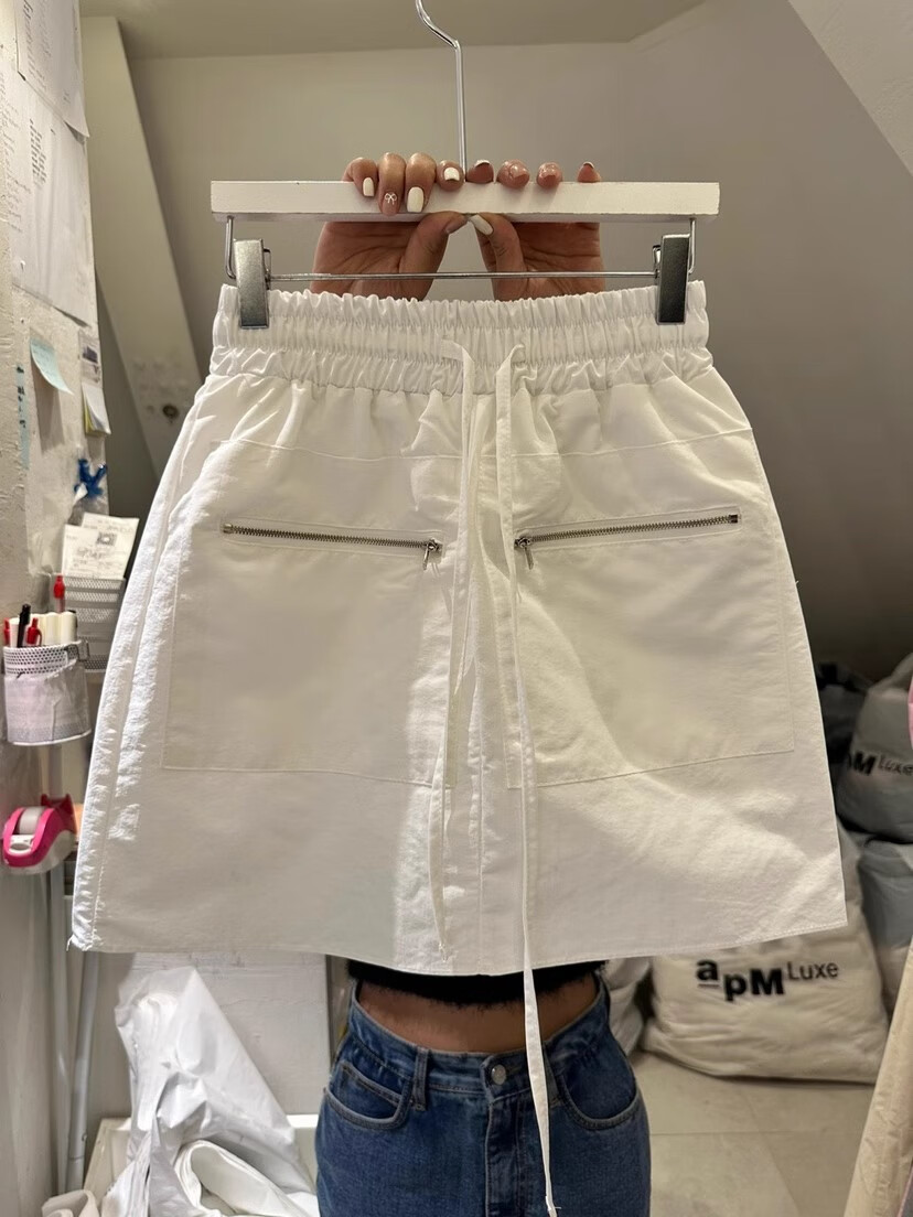 trtj松紧腰工装半身裙短裙春夏拉链口袋系带女 白色 s