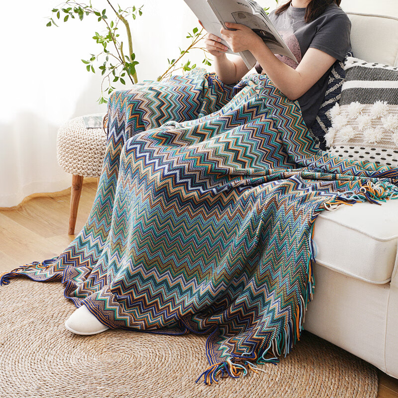 BATTILO美式沙发毯盖毯波西米亚毯民族风夏毯披肩毯空调毯床尾搭巾针织毯 深蓝色 127x170cm【含流苏】