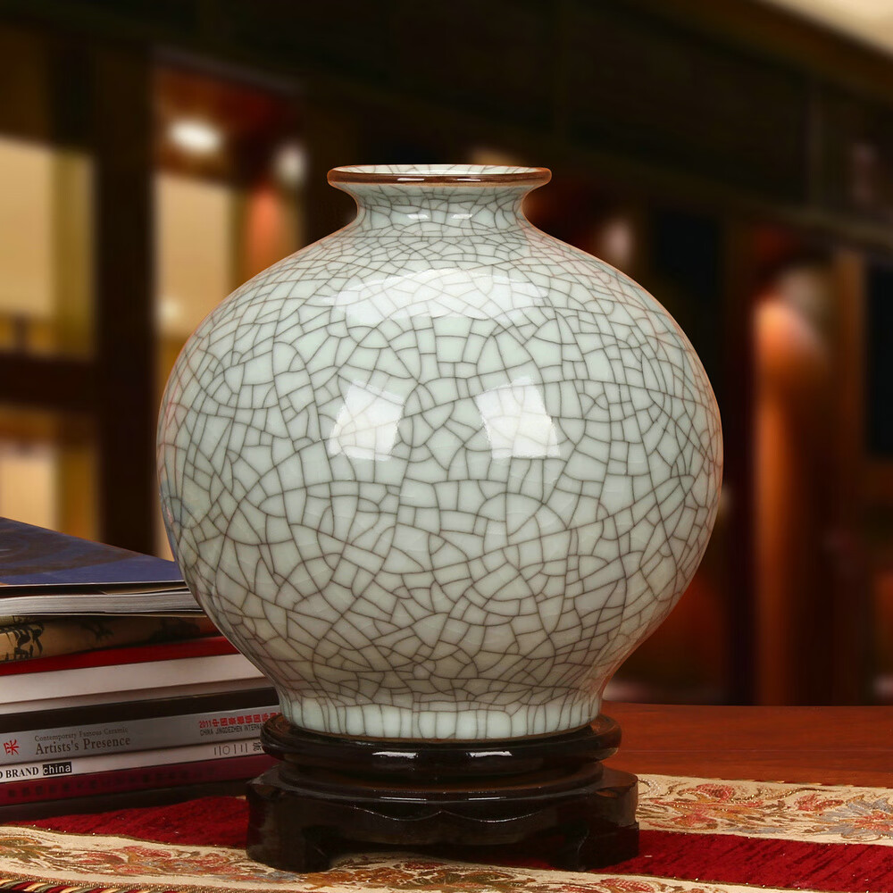 景德镇陶瓷器 中式仿古官窑裂纹釉花瓶 现代古典家居工艺摆件装的
