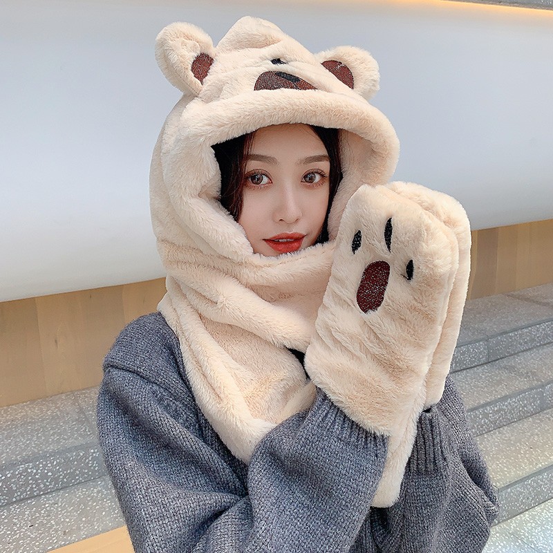浪莎同款围巾帽子一体女秋冬围脖多功能加厚毛绒保暖护颈可爱百搭舒适 小熊米