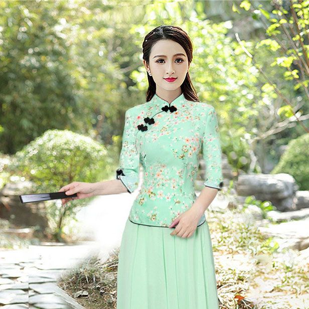 歆栩民国风小洋装旗袍夏季新款少女中国风复古上衣两件套装优雅改良连
