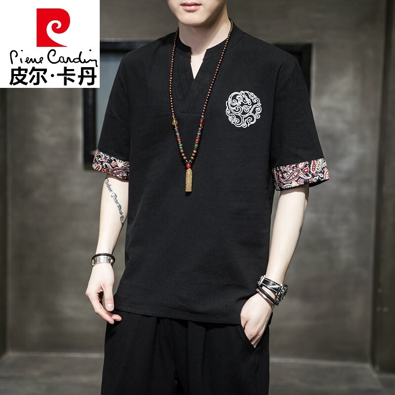 皮尔卡丹品牌高档男装 亚麻短袖卫衣男中国风男装刺绣胖子大码夏季