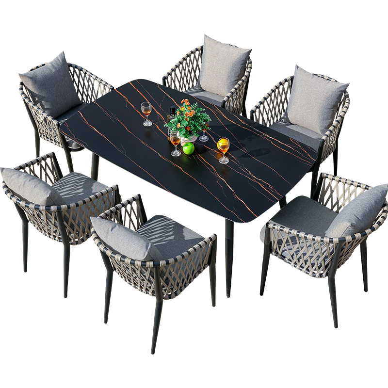嘉勒美北欧户外桌椅庭院花园岩板休闲家具室外露台阳台铝合金餐桌椅 6椅+160*90CM岩板长桌