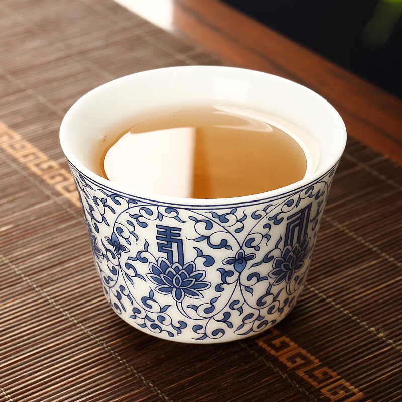 陶立方白瓷品茗杯甜白陶瓷杯彩绘单杯喝茶主人杯家用喝茶杯功夫茶具配件 甜白品茗杯-青花