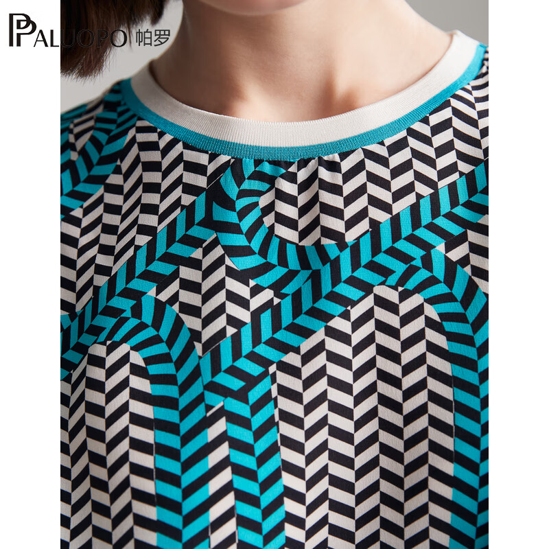 帕罗（PALUOPO）双绉新款真丝短袖体恤女士圆领印花100%桑蚕丝休闲百搭t上衣 黑蓝 L (165/88A)