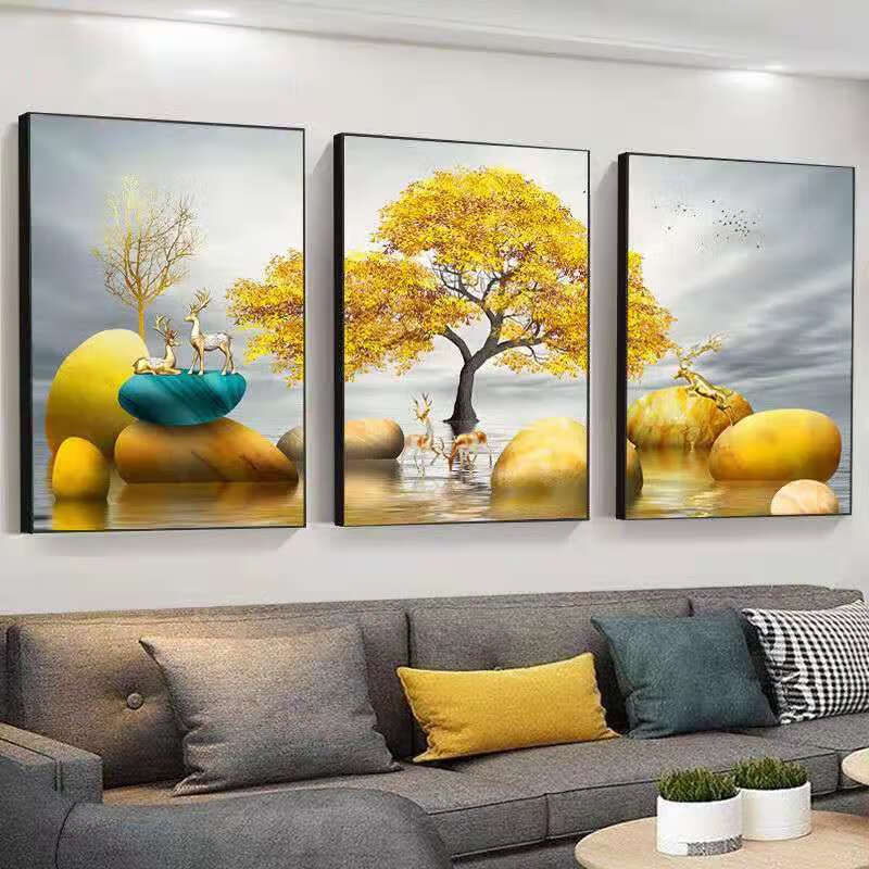 三联画客厅沙发墙石来运转客厅装饰画现代简约沙发背景墙上挂画大厅