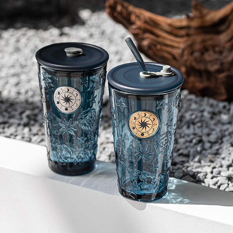 乐唯诗(NERVISHI)大容量网红吸管杯绿色冰美式咖啡玻璃杯有盖高颜值创意浮雕水杯子 墨兰星座杯【金色印章】 450ml 1只