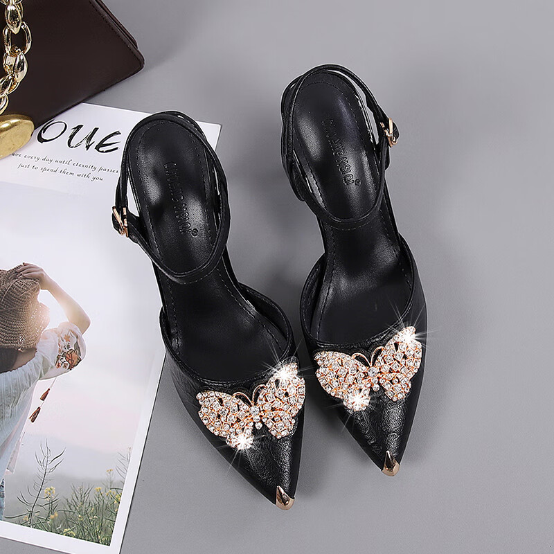 hao)牛皮法式高跟尖头浅口单鞋一字带包头凉鞋女夏中跟仙女风细跟女鞋