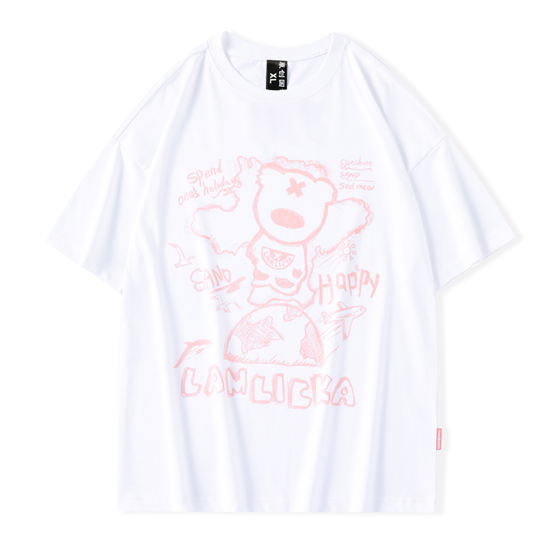 天龙致尊denon supreme短袖t恤男女潮牌ins小熊印花字母oversize宽松