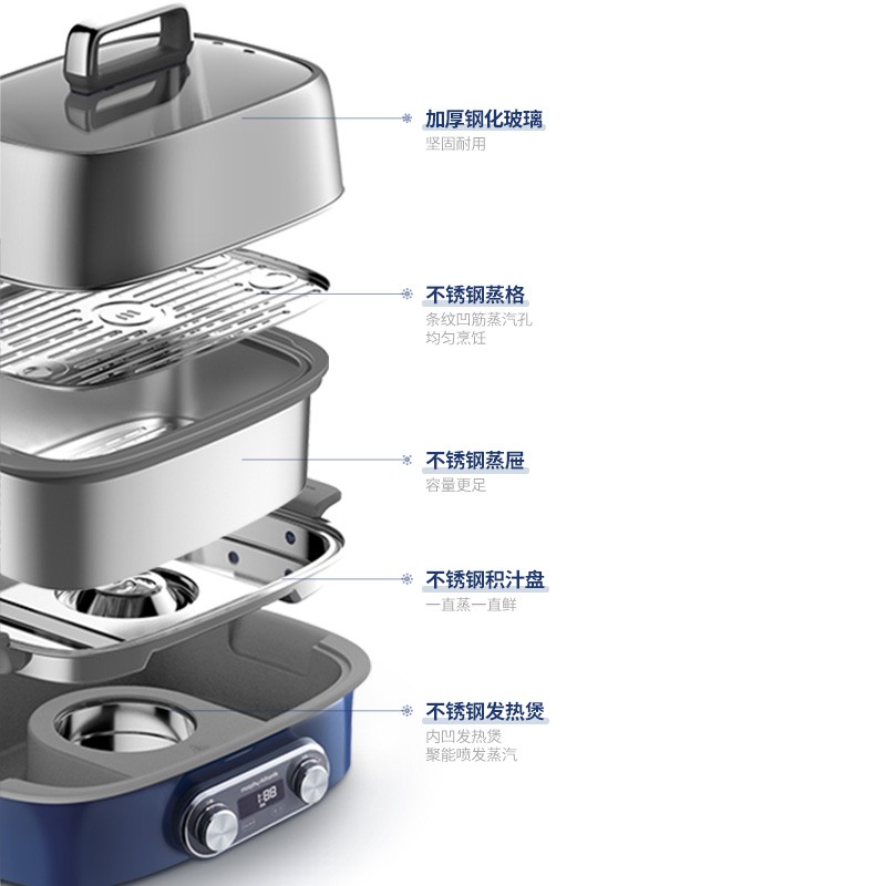 摩飞电器(Morphyrichards) 电蒸锅家用蒸锅大容量多层不锈钢蒸炖锅蒸煮锅一体多功能锅 MR1168 轻奢蓝(加高蒸笼+蒸格+小炖盅*2) 12L