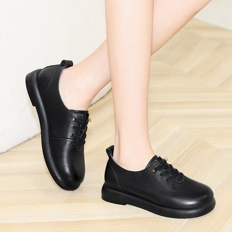 水之彩春秋款小皮鞋女圆头宽脚时尚休闲单皮鞋女装平跟妈妈鞋工作上班