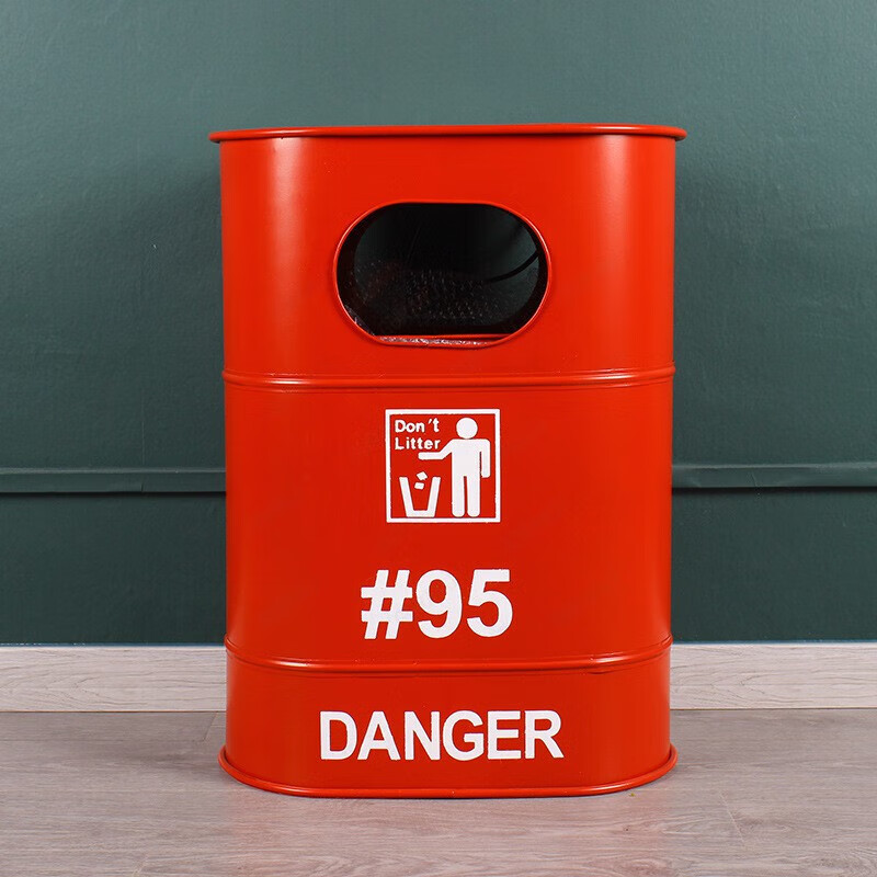 美式工业风铁艺红色垃圾桶创意个性网红大号商用店铺餐厅装饰油桶 红色椭圆