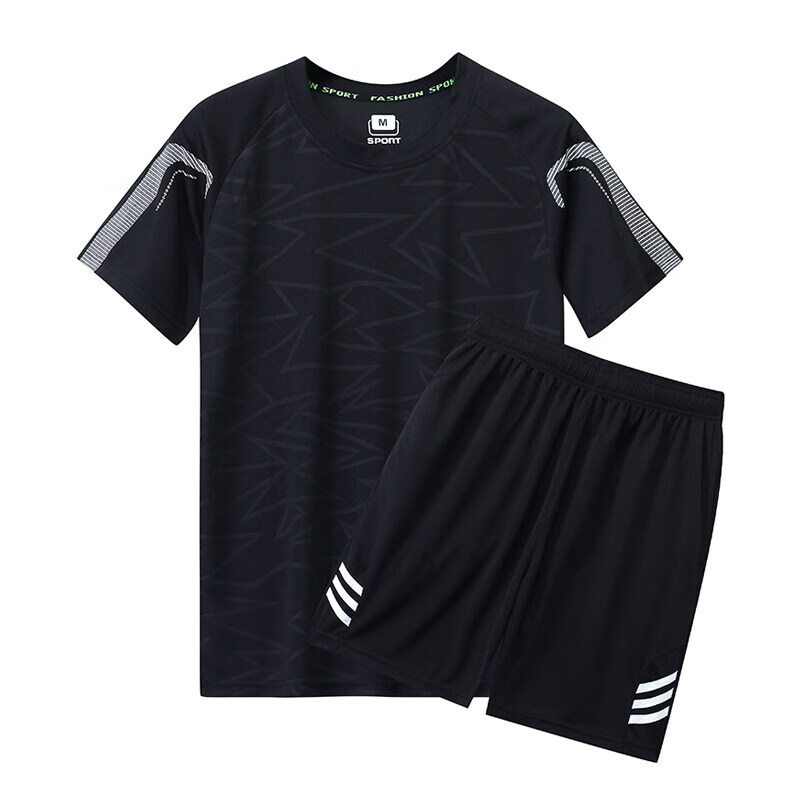 短袖运动套装男速干衣休闲足球跑步训练服装短袖短裤 黑色 XL