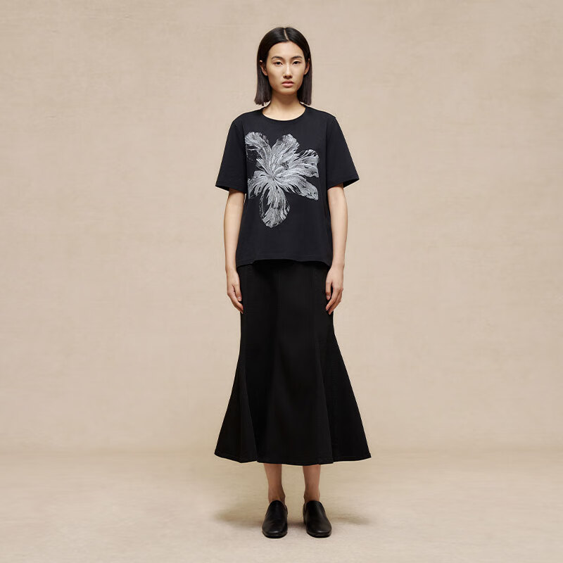 例外(EXCEPTION)轻奢国潮女装2025新款春夏时尚通勤简约宽松百搭印花短袖T恤 黑色 L