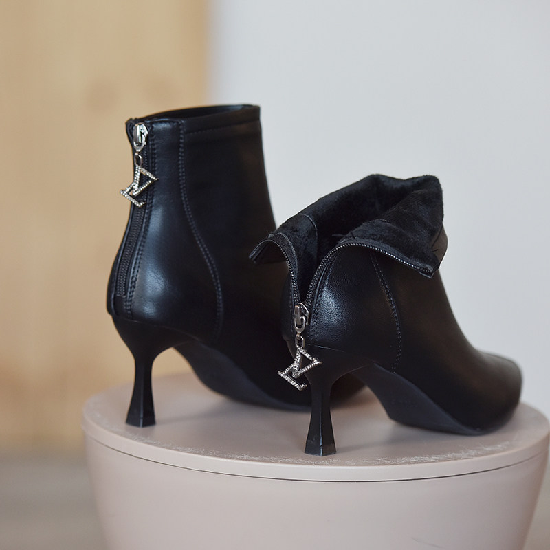 靴女瘦瘦靴秋冬季新款韩版尖头加绒高跟鞋细跟百搭 0后字母b款(单里)