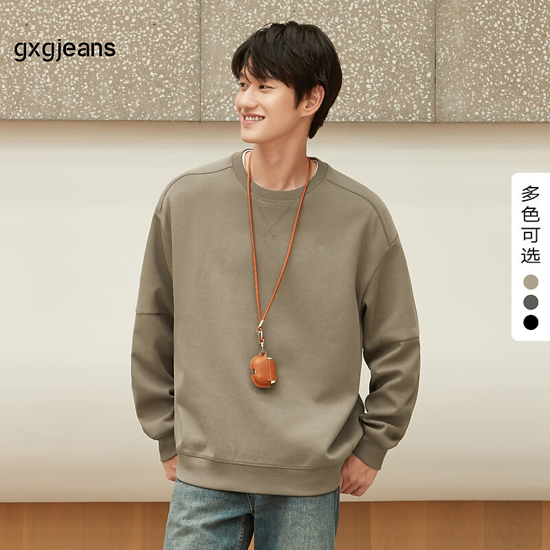 gxgjeans男装卫衣2024年秋季休闲简约多色圆领套头上衣 浅卡其 L (175)