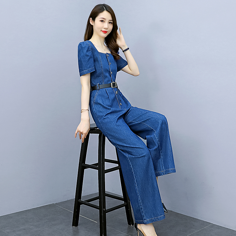 连体裤套装女方领泡泡袖夏季高腰显瘦阔腿裤连衣裤潮 牛仔色连体裤 s