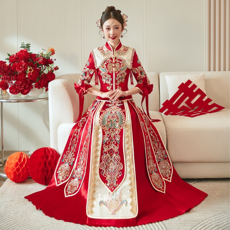 戴丽格秀禾服24新款新娘结婚中式婚服婚纱龙凤褂重工敬酒服夏 白披肩