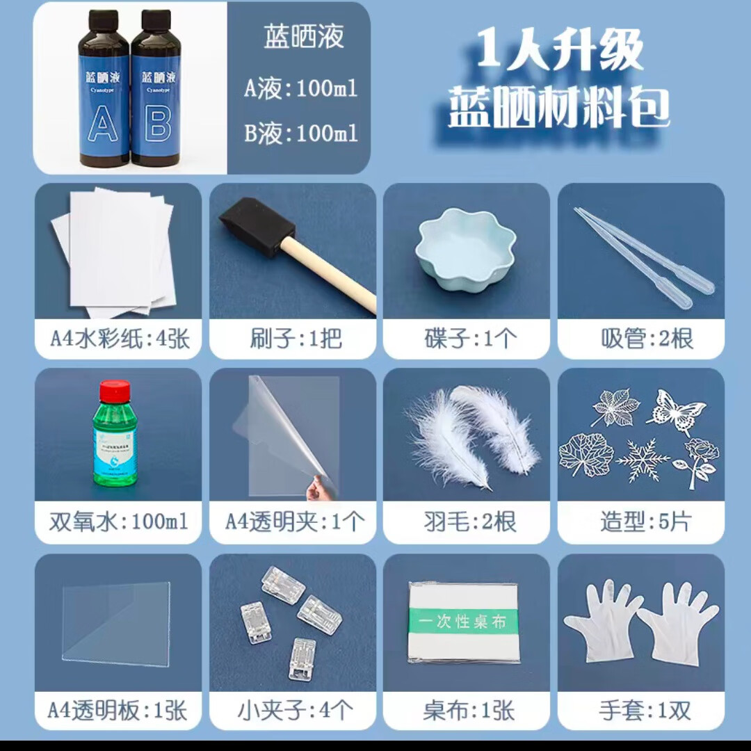 蓝晒diy材料包蓝晒液颜料工具套装学生印相感光摄影儿童手工艺扇 1人升级蓝晒材料包