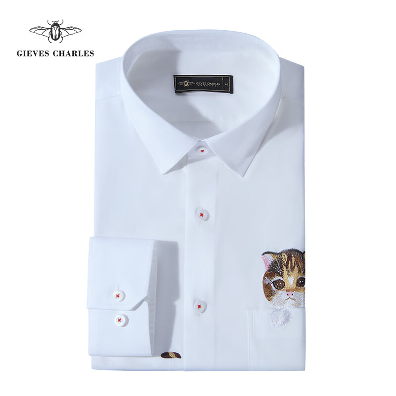 GIEVES CHARLES口袋猫咪刺绣白衬衫男士高端时尚都市衬衫 口袋猫咪白 38
