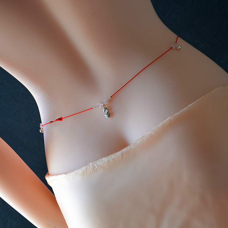 红绳腰绳女光身贴身 超细性感腰链粉晶银狐狸铃铛 体重80斤左右佩带70