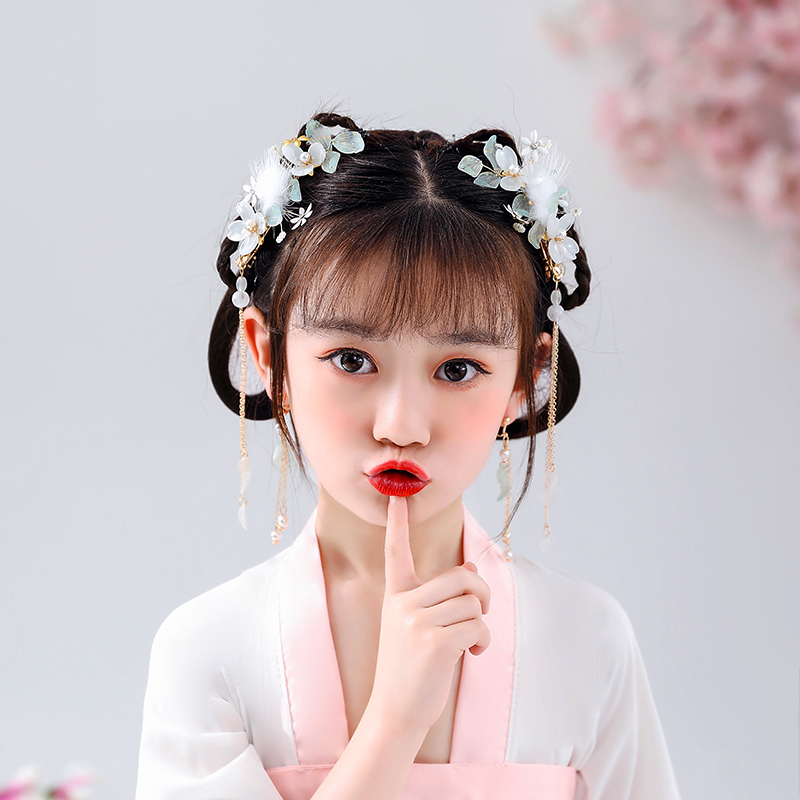 韩生生儿童汉服发夹古风仙气毛球发饰对夹女童清新可爱毛绒 霜枝发夹
