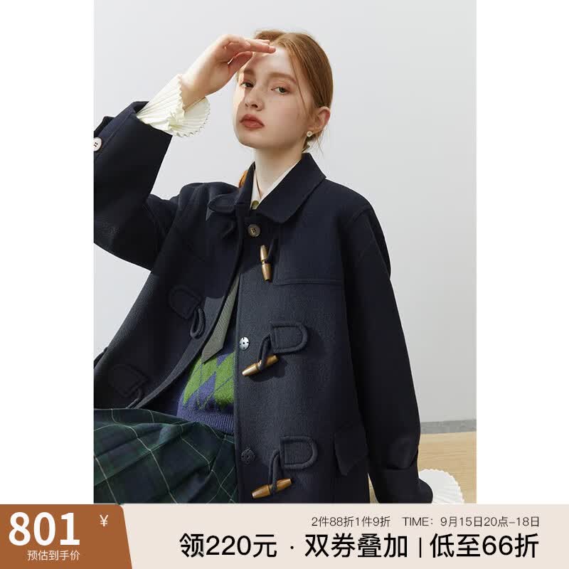FANSILANEN范思蓝恩22FS4106双面羊毛呢外套女秋冬新款牛角扣大衣中长款 藏青色 S怎么看?