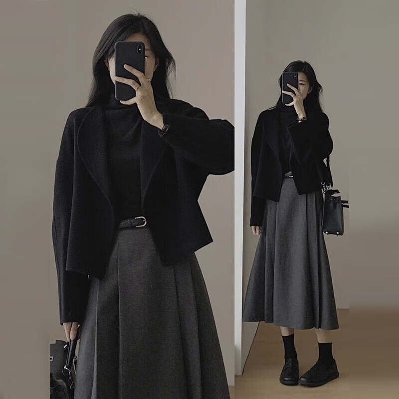 雪妃藍琪秋冬連衣裙2025新款女裝秋季搭配氣質(zhì)套裝毛呢外套法式高級感裙子 黑色呢子外套+灰色半身裙 S 【建議80-95斤】