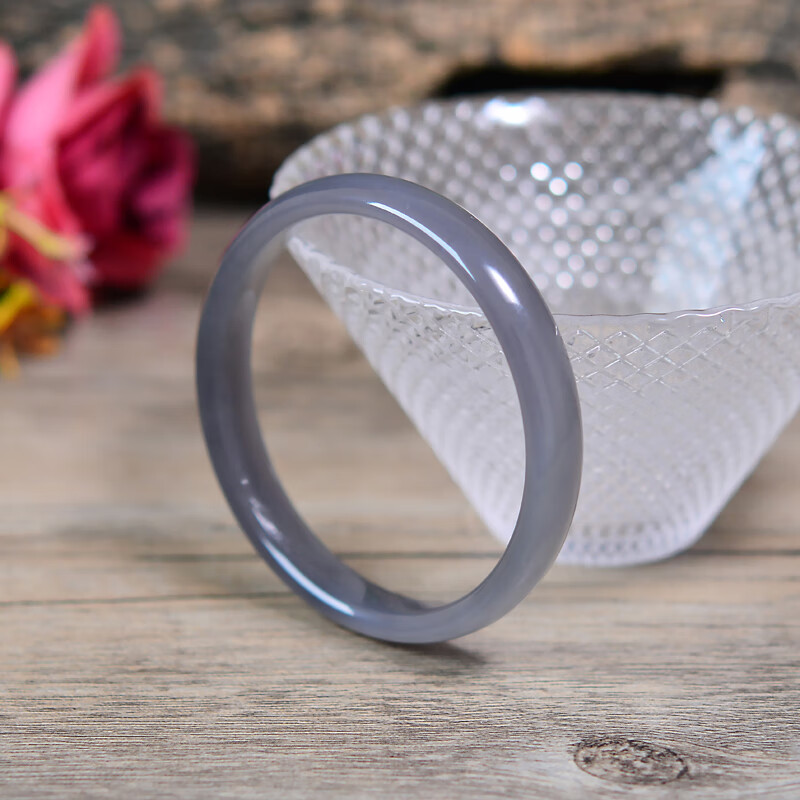 酷奇象(kuqixiang)53mm和田玉手镯冰烟紫色细扁条镯子 平安镯天然玉石