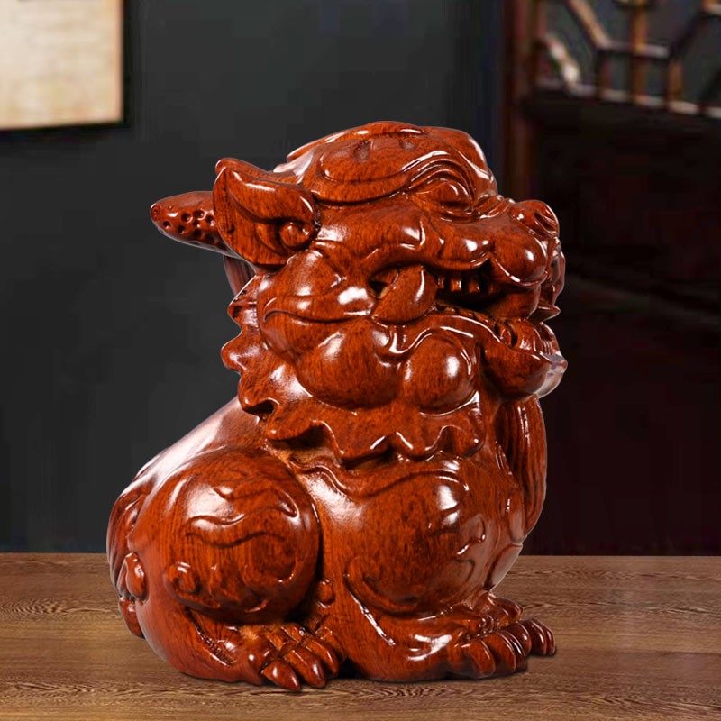 天从 实木麒麟摆件一对纯木雕刻麒麟工艺品桌面小摆件木制黑麒麟摆件