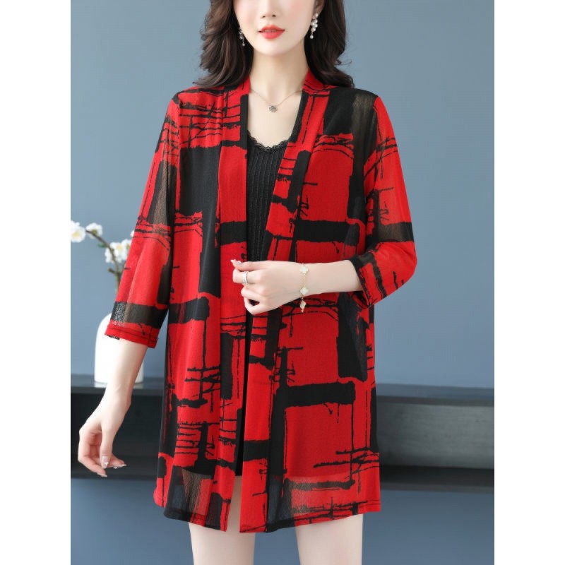 轻奢品牌夏季桑蚕丝针织防嗮衫女时尚花色中长款大码妈妈装披肩外套