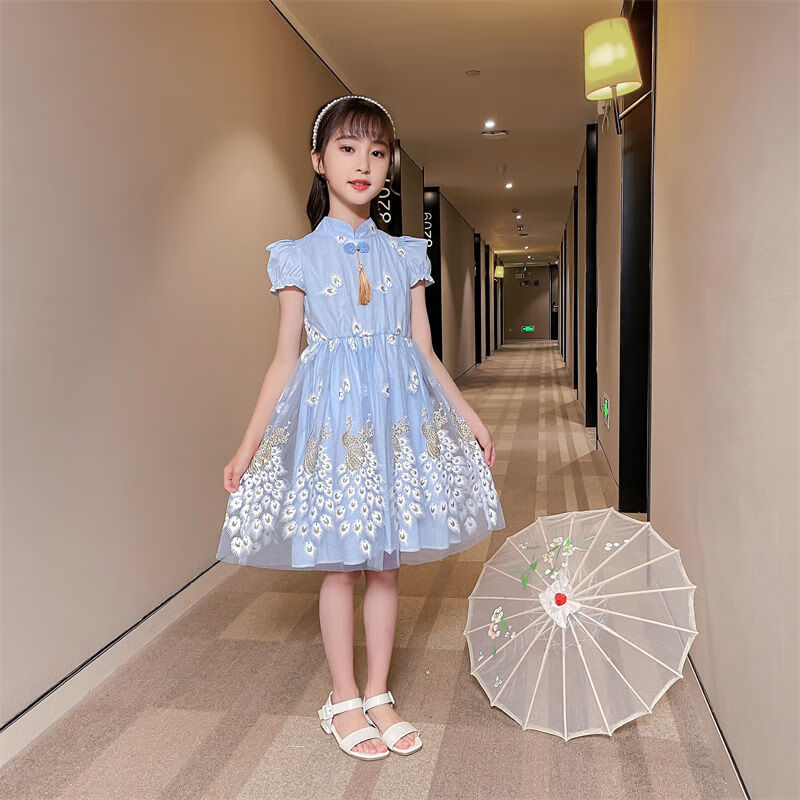 女童连衣裙汉服夏装中童女连衣裙小女孩儿童公主裙 浅蓝色(孔雀裙) 90