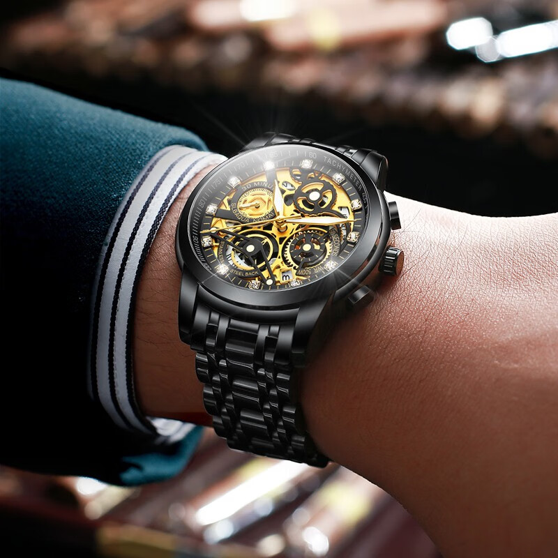 列奥尼达(leonidas)2024新款男士手表男表钢带品牌夜光防水镂空多功能