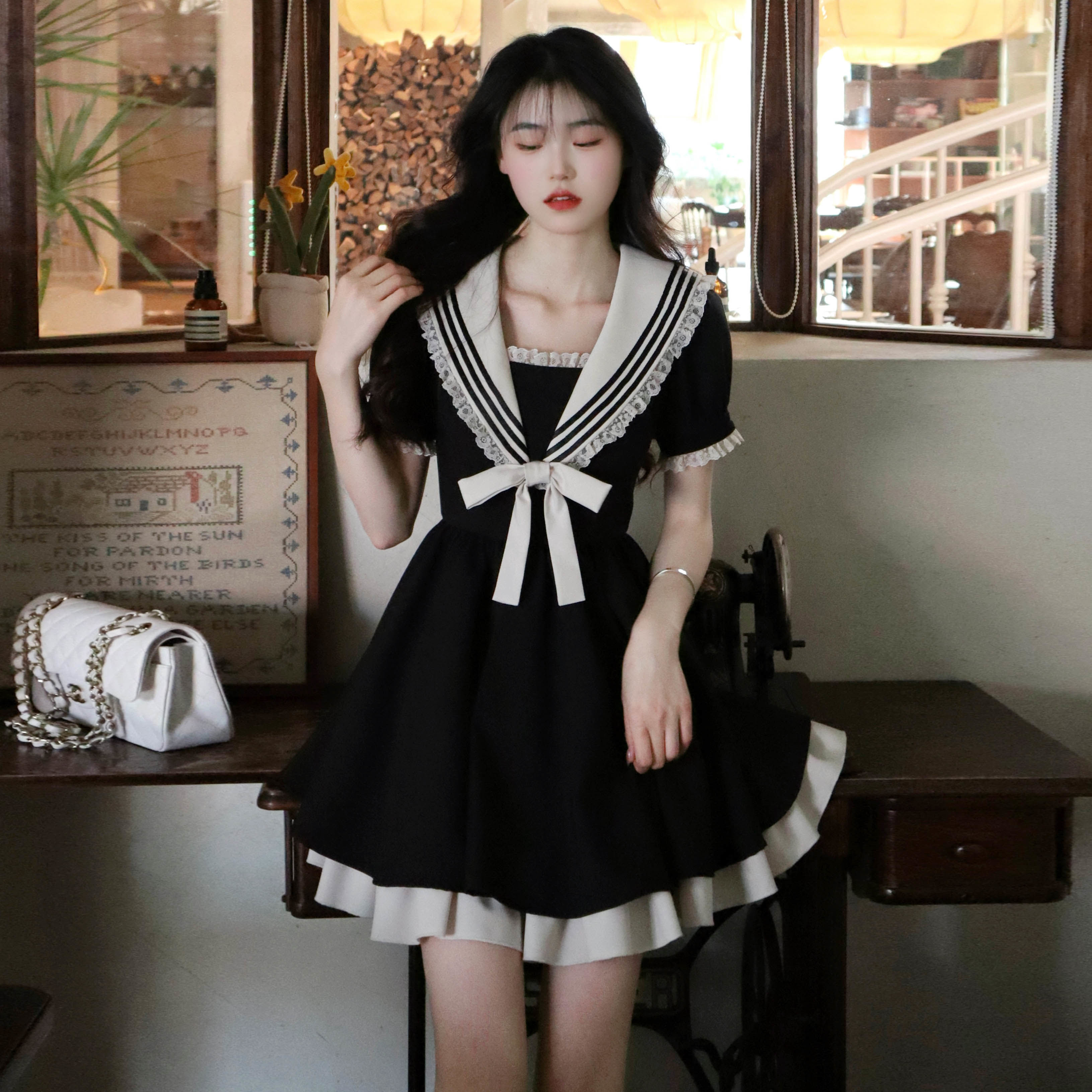 森马旗下少女学院风连衣裙女2023夏甜美拼色蝴蝶结蕾丝花边裙子 黑色