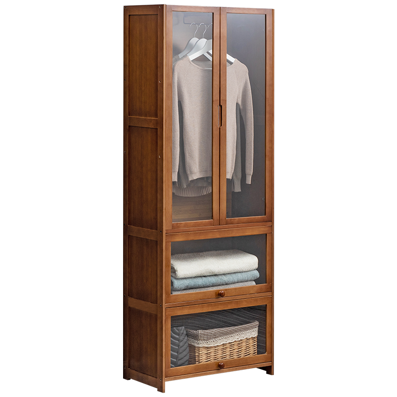 淘之良品卧室带门衣柜出租房简易收纳衣架衣橱现代简约多层实木布衣柜加固置物衣服架楠竹小户型卧室衣帽架 【透明门】茶色65长（带金属挂杆）