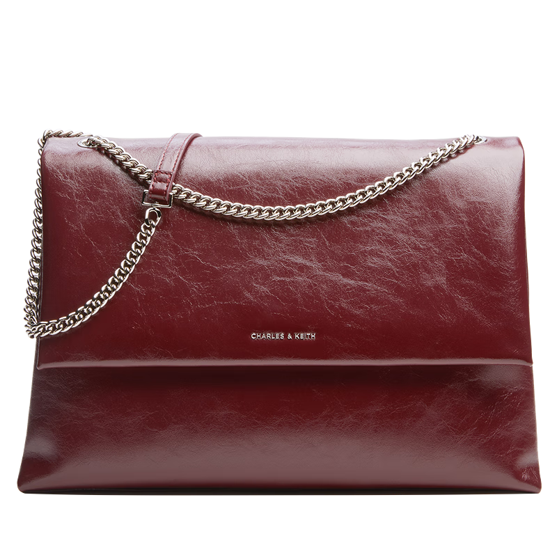 CHARLES&KEITH大容量純色鏈條郵差包單肩腋下包包女包婚包新年禮物CK2-20271514 Burgundy葡萄酒紅色 大包