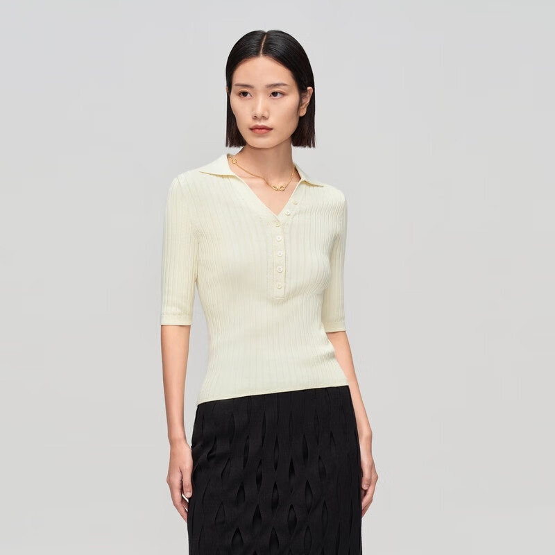 OVV2023秋冬新款女装丝棉混纺POLO领罗纹修身中袖针织衫 浅黄（净色）A2 M
