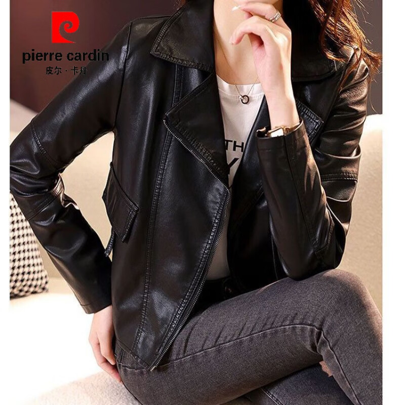 皮尔卡丹（pierre cardin）海宁女式皮衣女短外套女韩版显瘦时尚ins百搭短款新款拉链皮夹克 黑色 M 建议80-100斤怎么样,好用不?