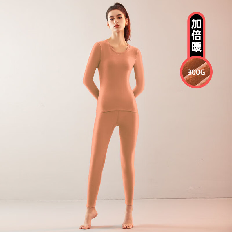 佧森滋女生圆领棉保暖内衣加厚女士保暖秋衣秋裤冬季中老年打底衫套装 绛红厚款 M