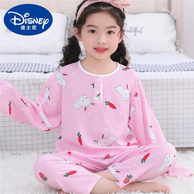 迪士尼（Disney）夏季儿童绵绸睡衣男孩女童空调服薄中长袖棉绸宝宝套装家居服 双长可爱兔 XXXL码数建议穿175cm