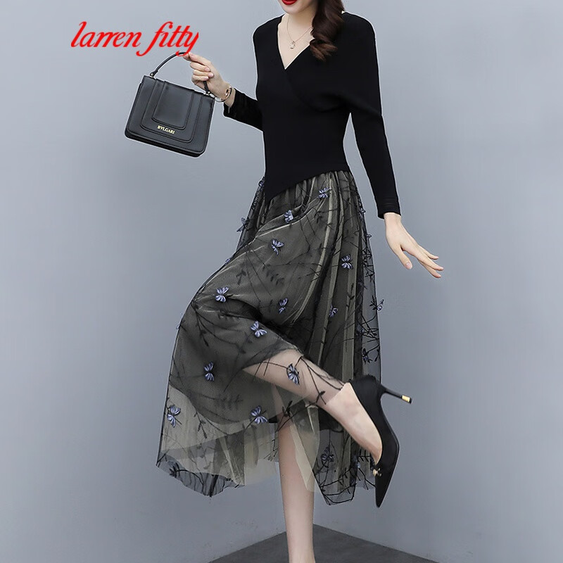 larren fitty 针织连衣裙女2023春秋新款小个子名媛减龄长袖v领打底绣花中长裙 黑色  L (105-120斤)使用感如何?