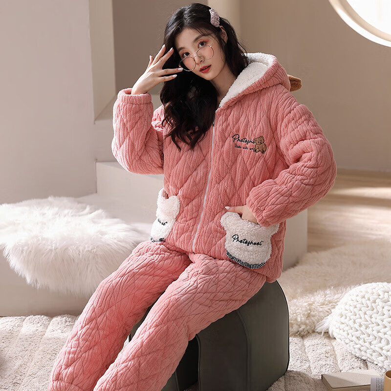 芬腾【清仓】情侣珊瑚绒夹棉睡衣女士冬季三层加厚男抗静电家居服套装 FJ2491097粉红【单女款】 2XL 建议:女142-160,男166-185斤