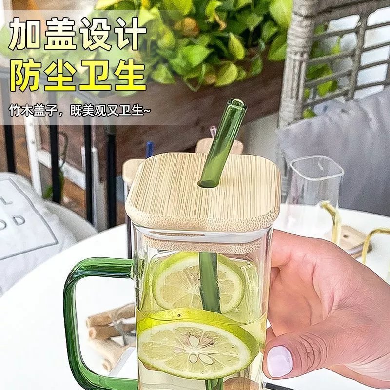 杯子玻璃杯ins高颜值方形把手家用水杯茶杯耐高温学生宿舍吸管杯 方杯【光身款】 仙女粉把手