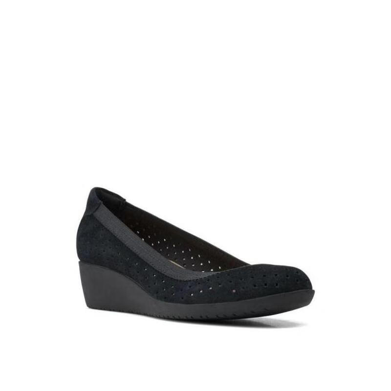 clarks其樂(lè)女鞋單鞋瓢鞋圓頭淺口真皮中跟坡跟透氣12163949 Black Suede 41.5