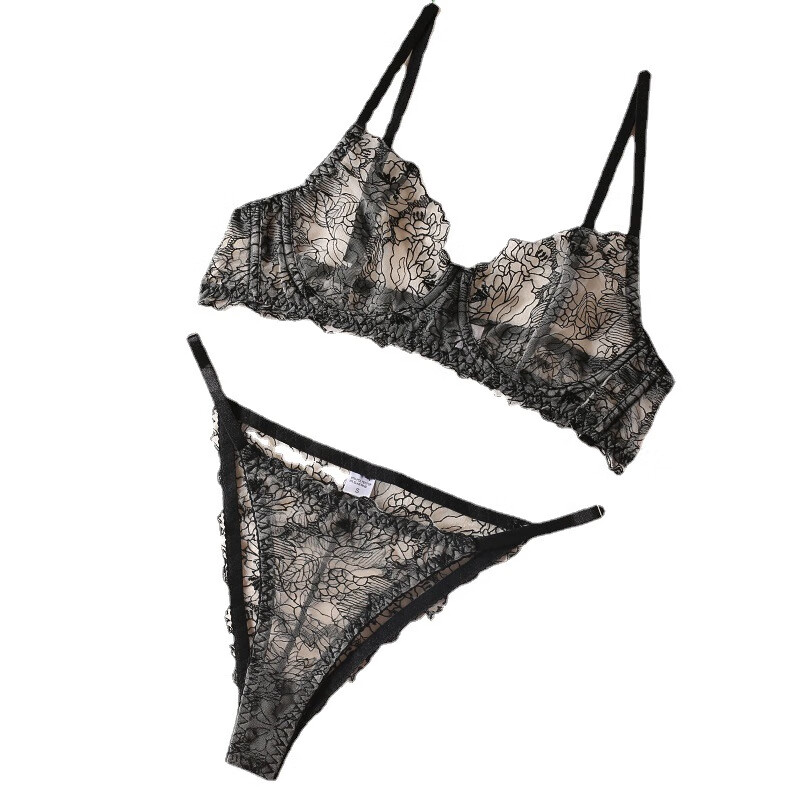 踏丽虹刺绣钢圈文胸蕾丝薄纱三扣低腰吊带无痕三角短裤套装 黑色 s
