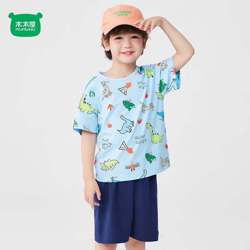 木木屋男童女童夏季纯棉短袖套装儿童休闲运动两件套运动装吸汗透气套装 深蓝/ 侏罗纪恐龙浅蓝 140 cm推荐身高129-138cm